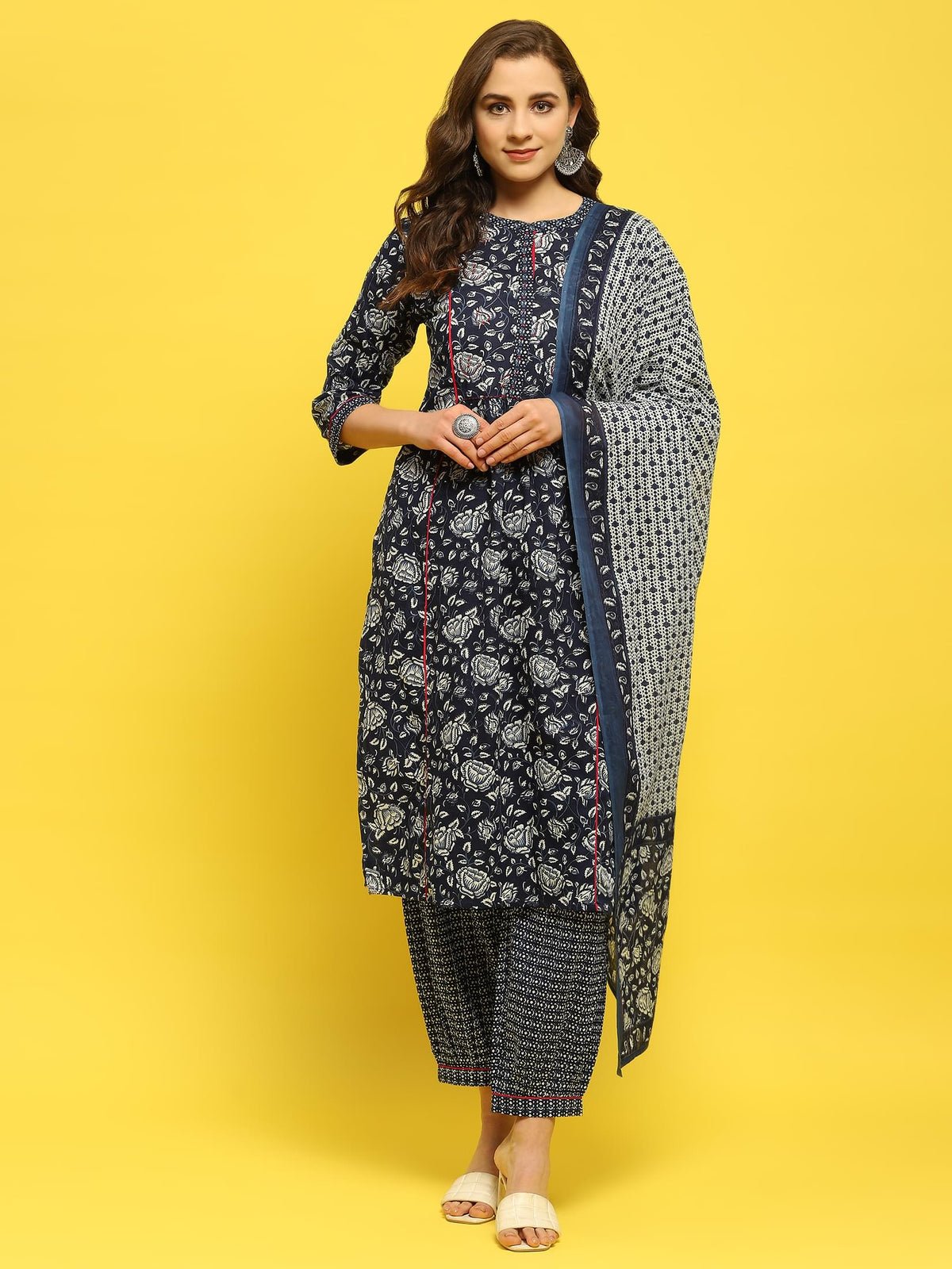 Women Cotton Indigo Floral Print Kurta Harem Pant Dupatta