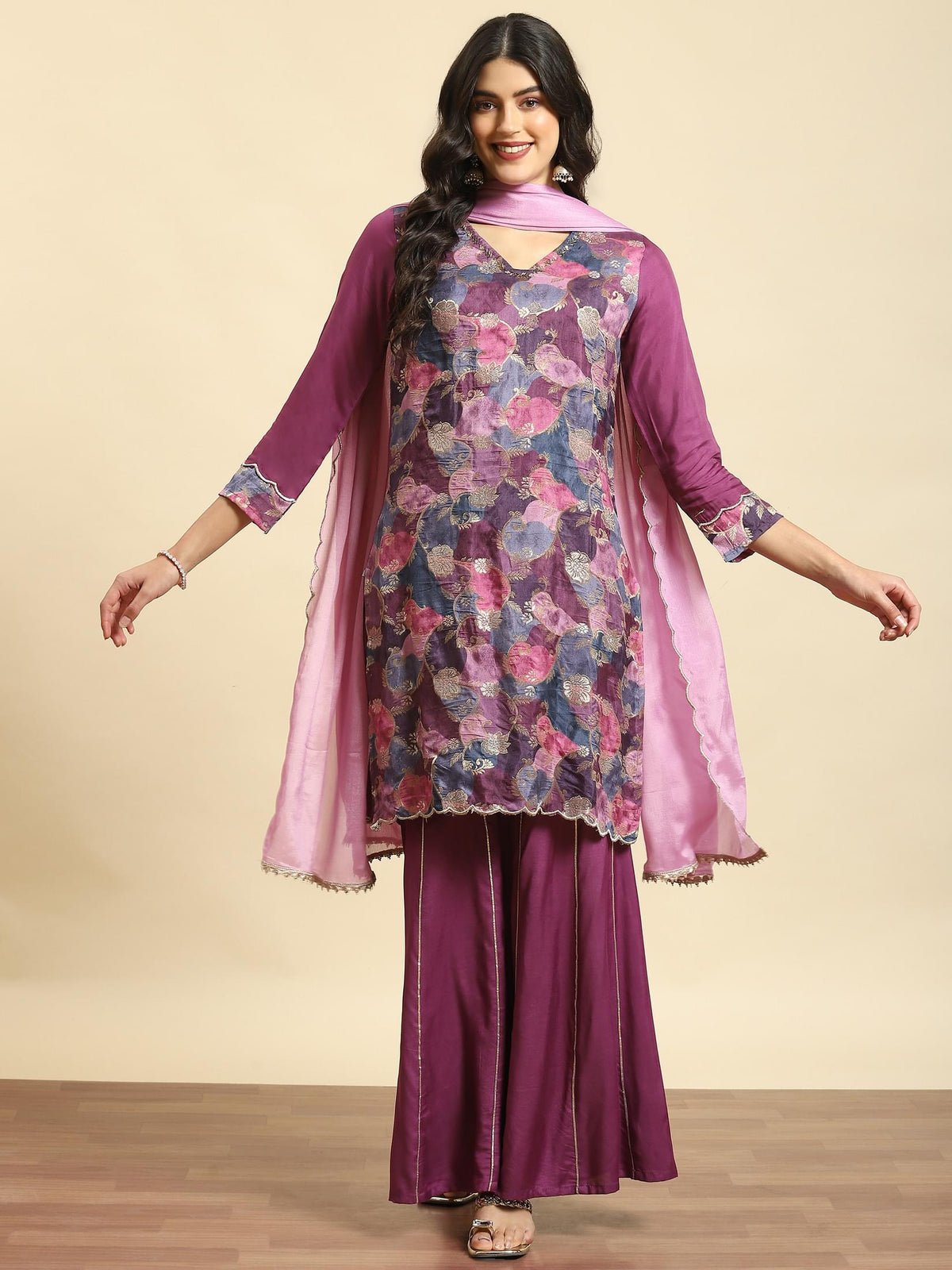 Women Purple Printed Kurta Sharara Dupatta