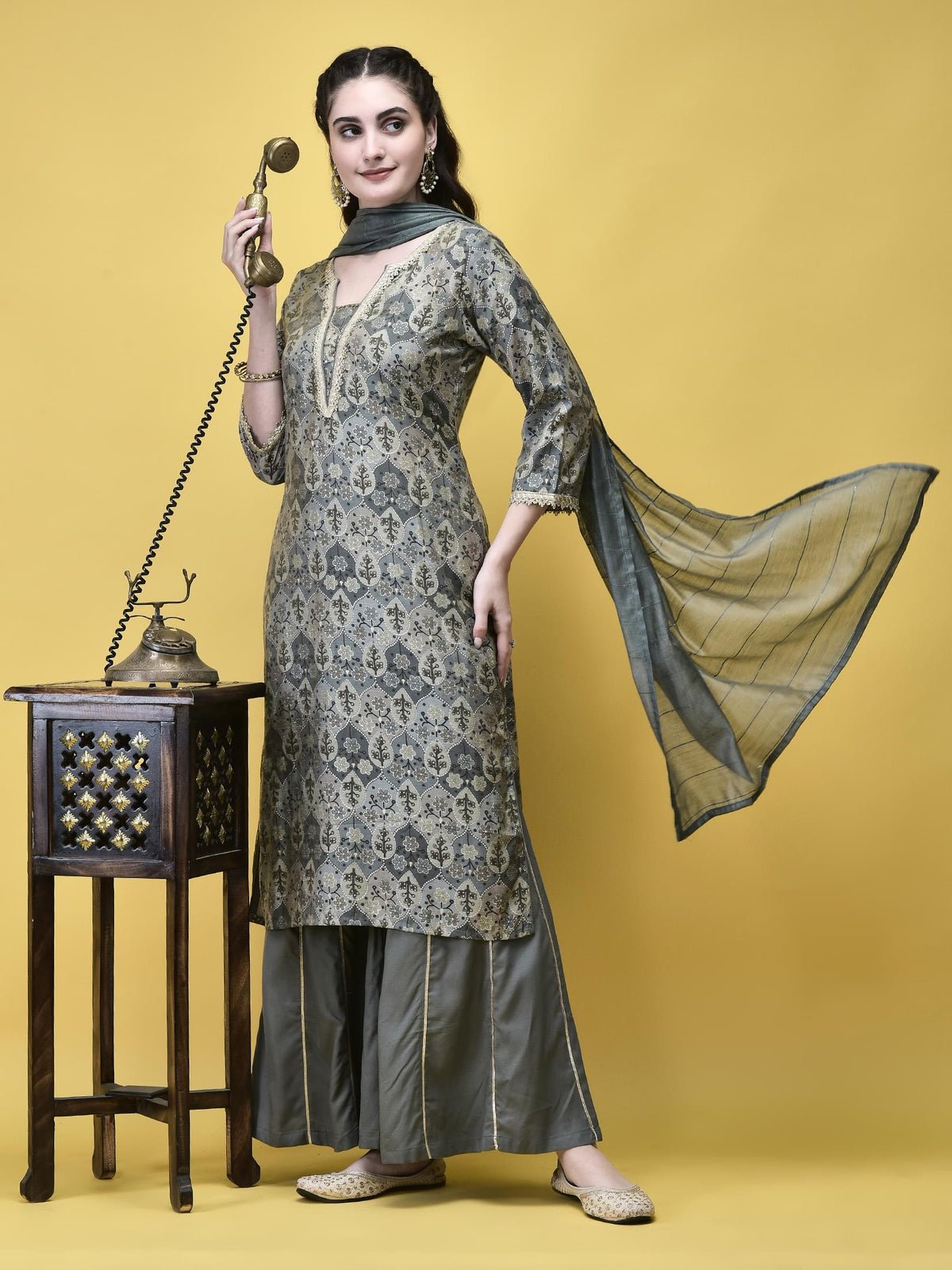 Women Liva (Rayon) Grey Floral Print Kurta Sharara Dupatta