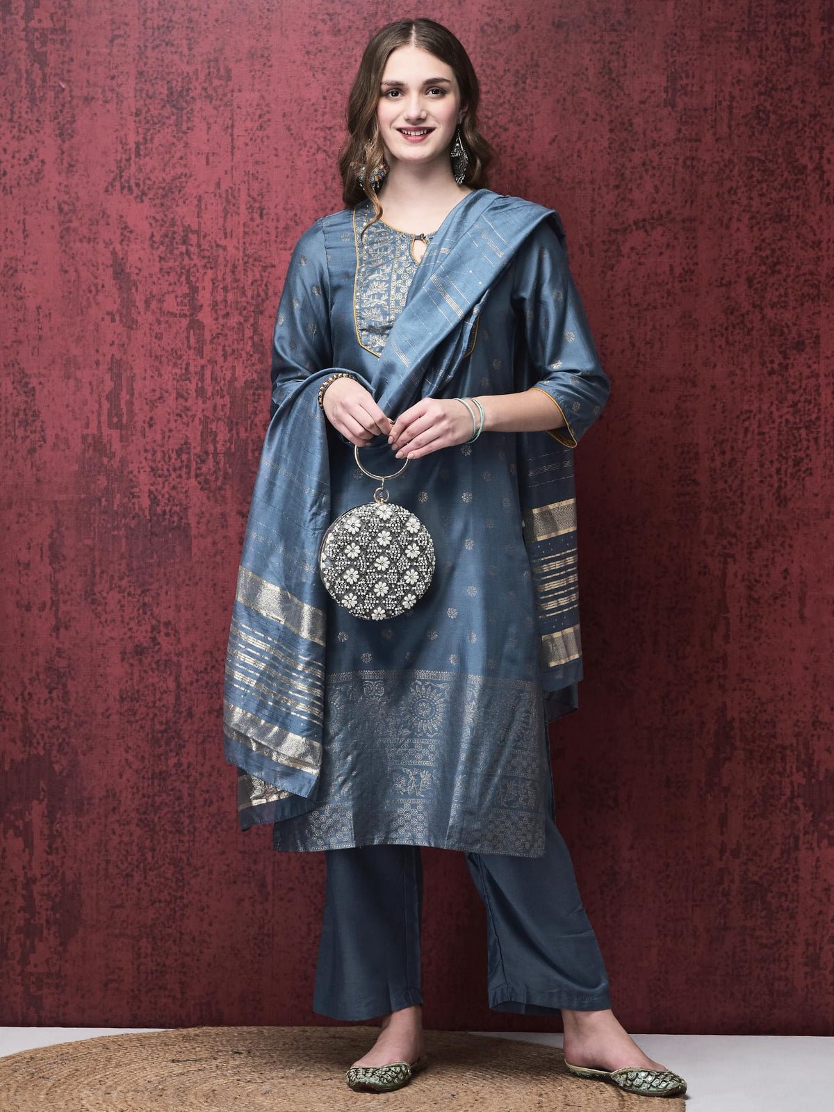 Women Liva Blue Foil Print Kurta Comfort pant Dupatta