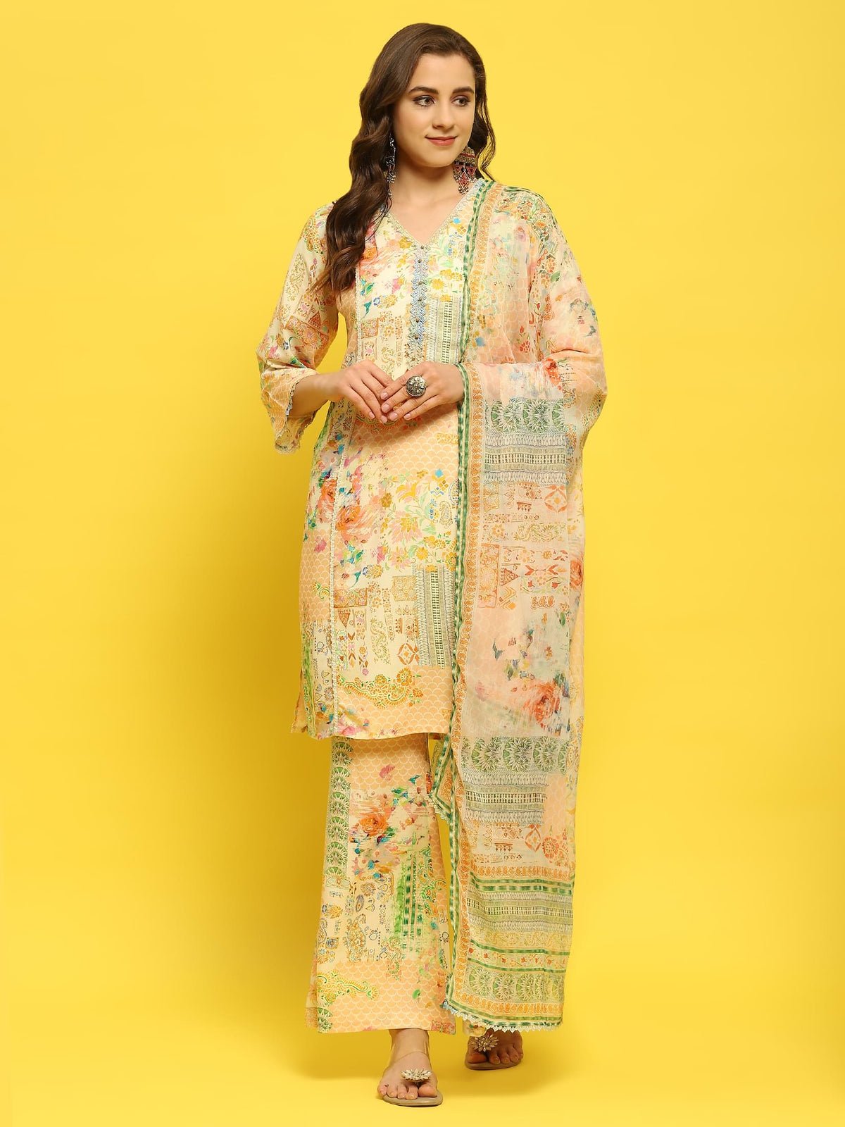 Women Liva Rayon Multicolor Abstract Print Kurta Comfort Pant Dupatta