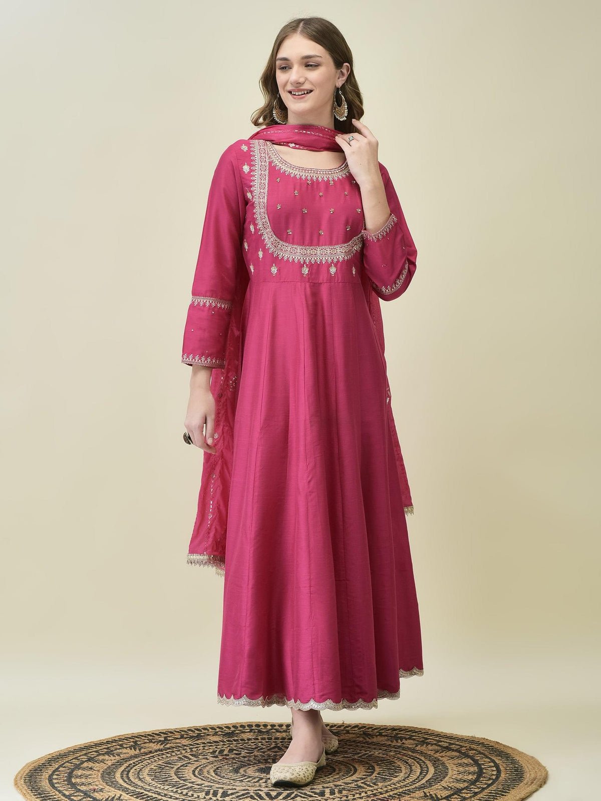 Women Silk Blend Fuchsia Embroidered Dress With Dupatta