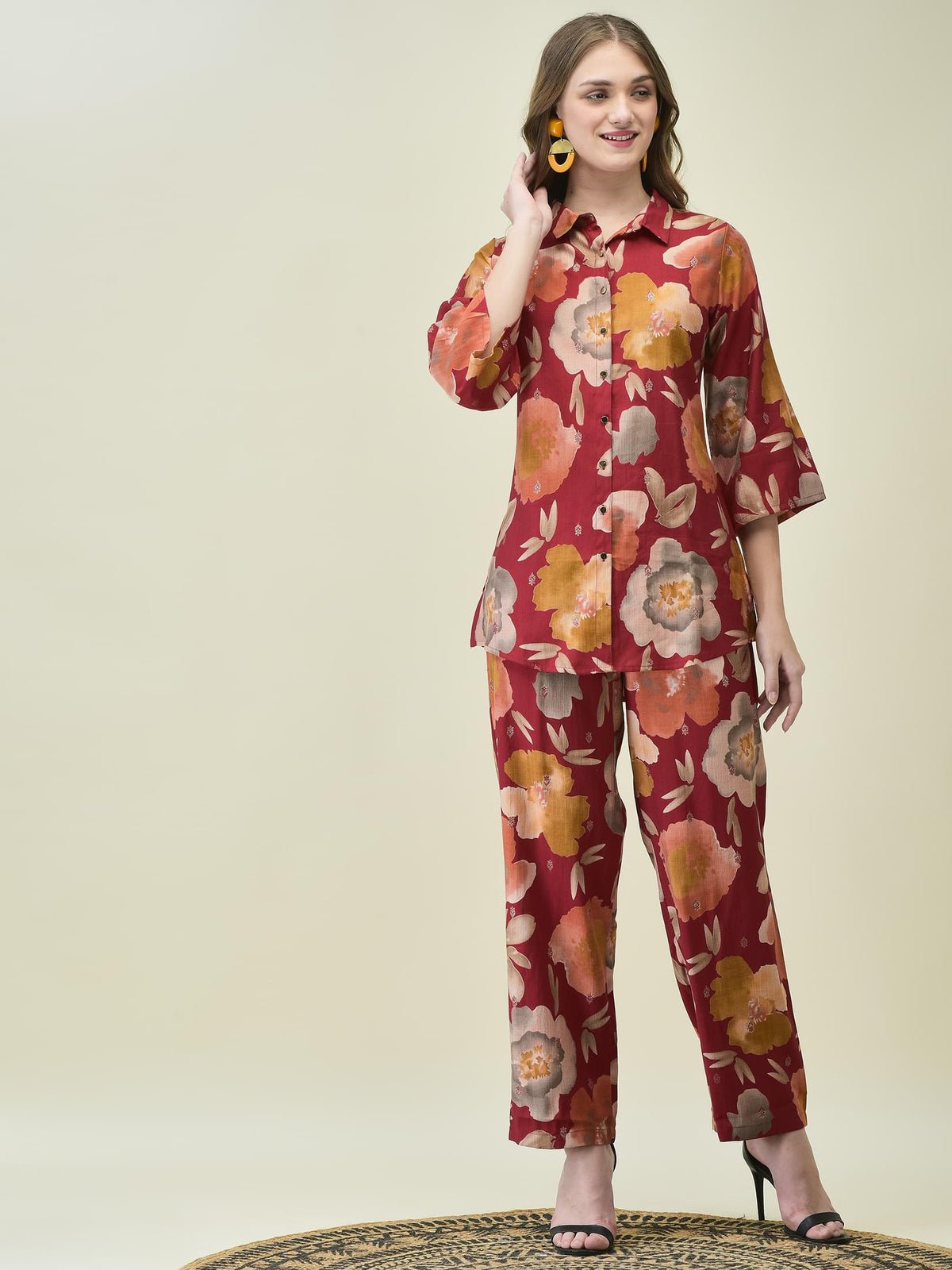 Women Liva Khadi Silk Maroon Multi Floral Print Co-Ord Set