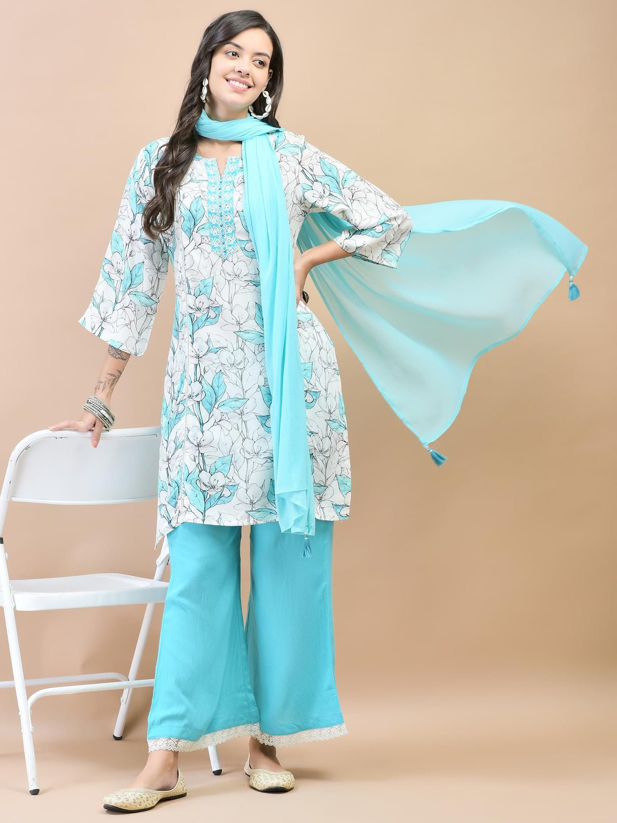 Women Liva (Rayon) Blue Floral Print Kurta Wide Leg Pant Dupatta
