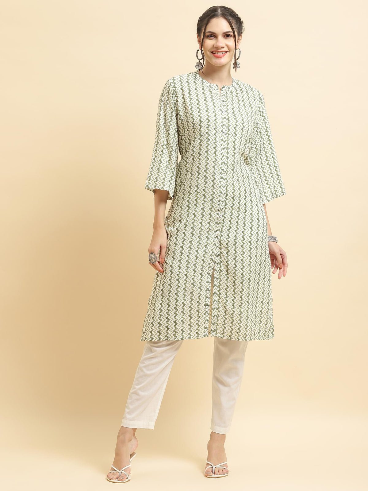 Women Liva Rayon Green Stripe Print Kurta
