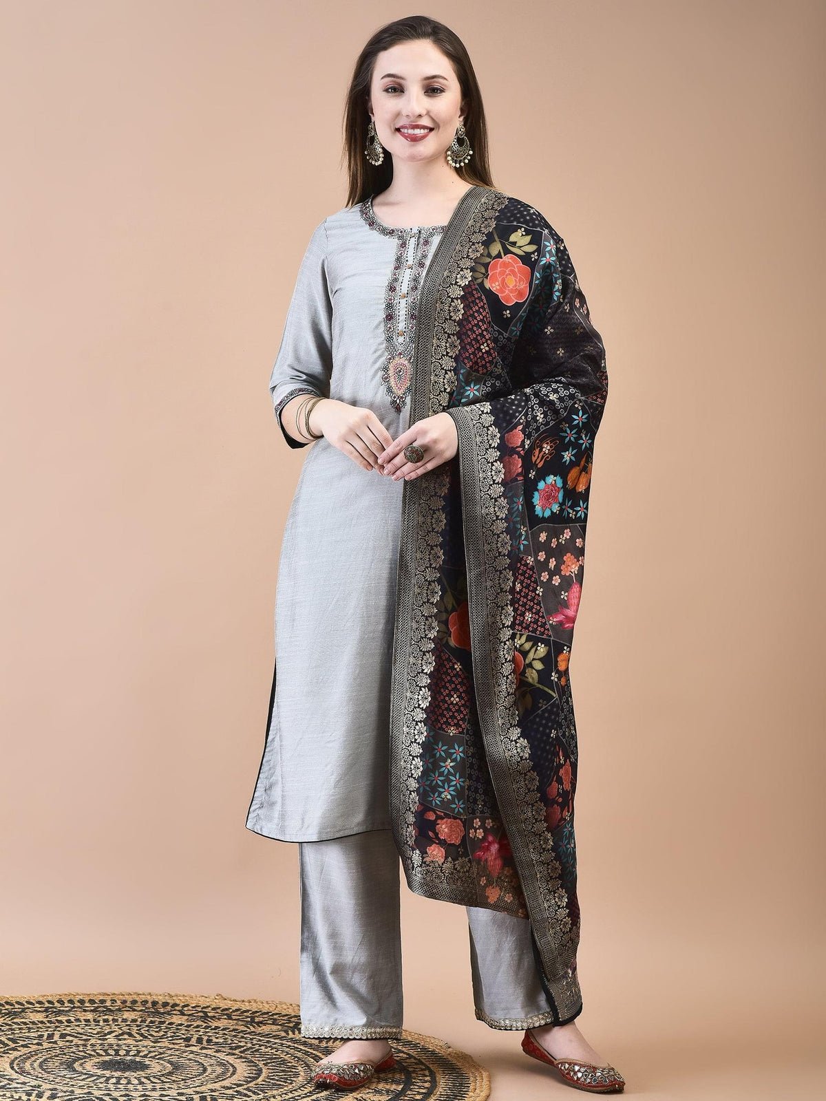 Women Silk Blend Grey Embroidered Kurta Comfort Pant Jacquard Dupatta