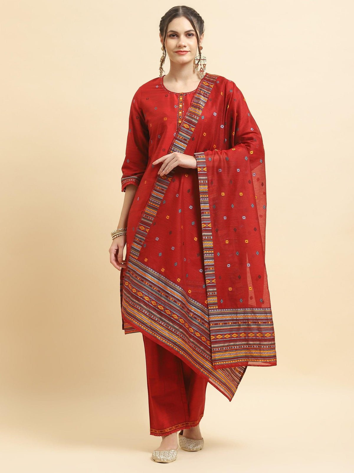 Women Silk Blend Red Jacquard Kurta Comfort Pant Dupatta