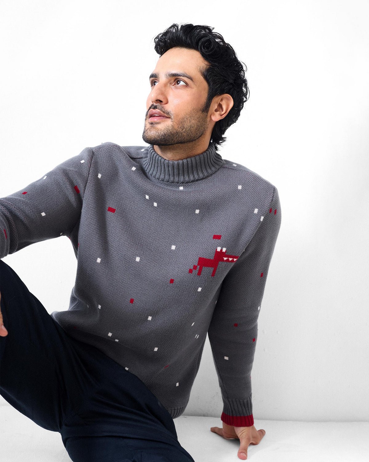 Crew Neck Sweater - Charcoal & Red