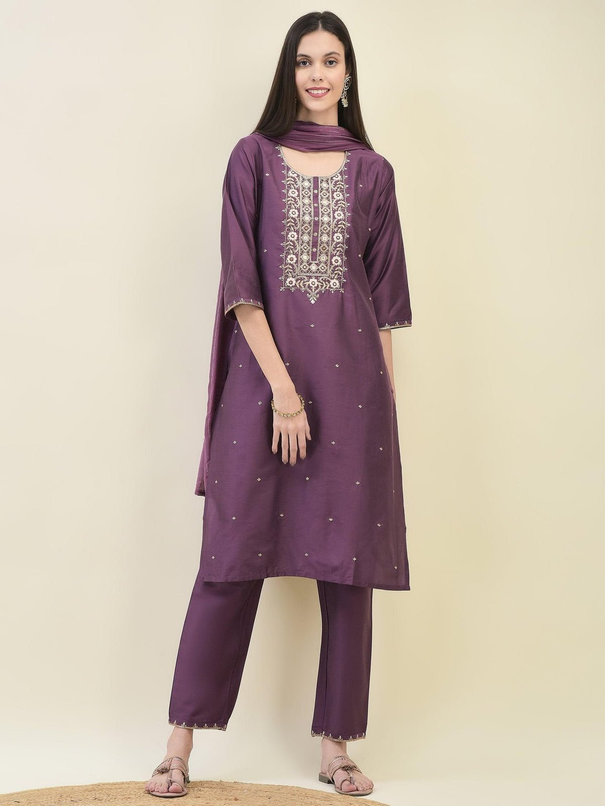 Women Silk Blend Purple Embroidered Kurta Trouser Dupatta