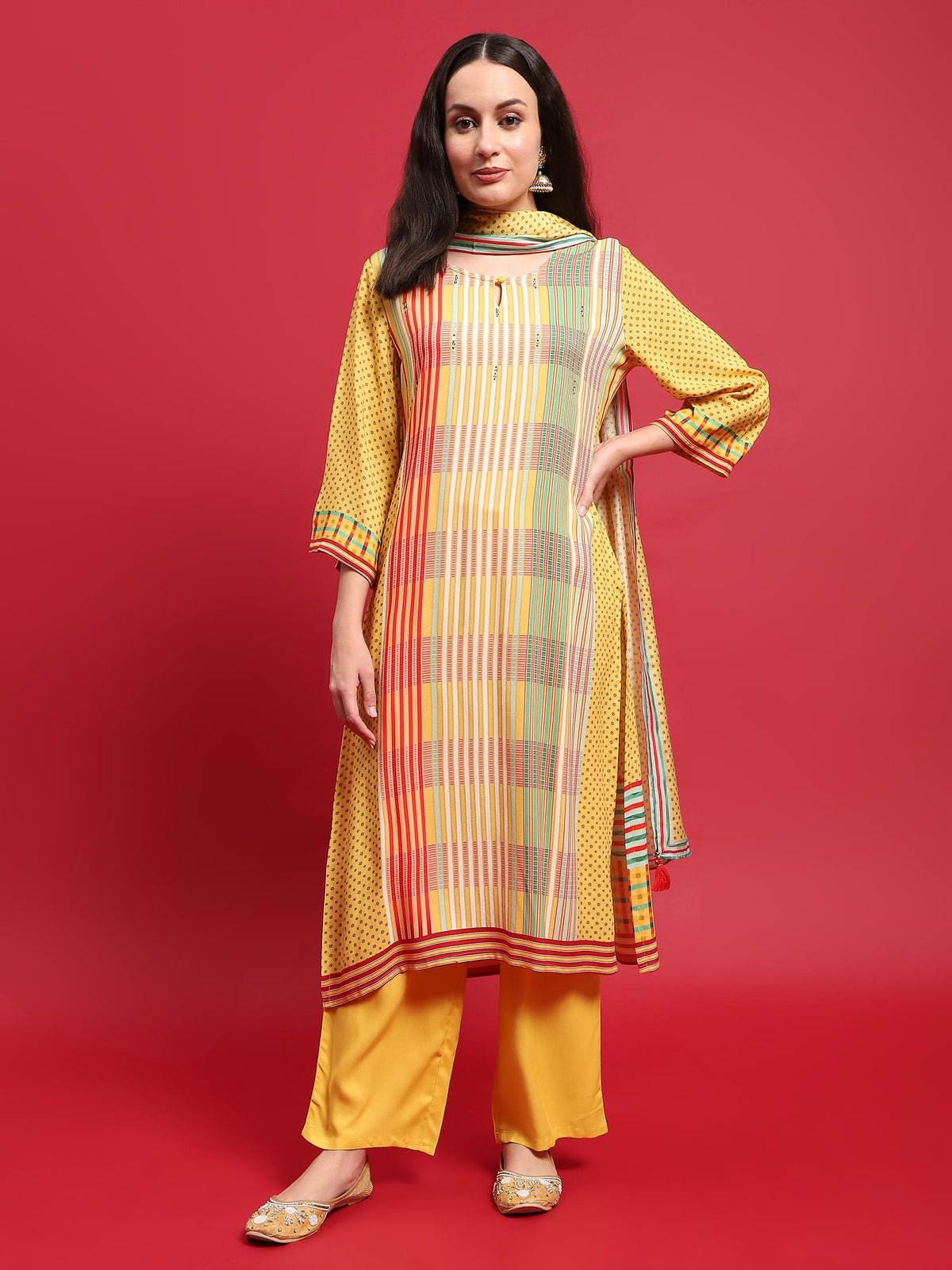 Women Lemon Yellow Multi Liva Rayon Kurta Comfort Pant Dupatta
