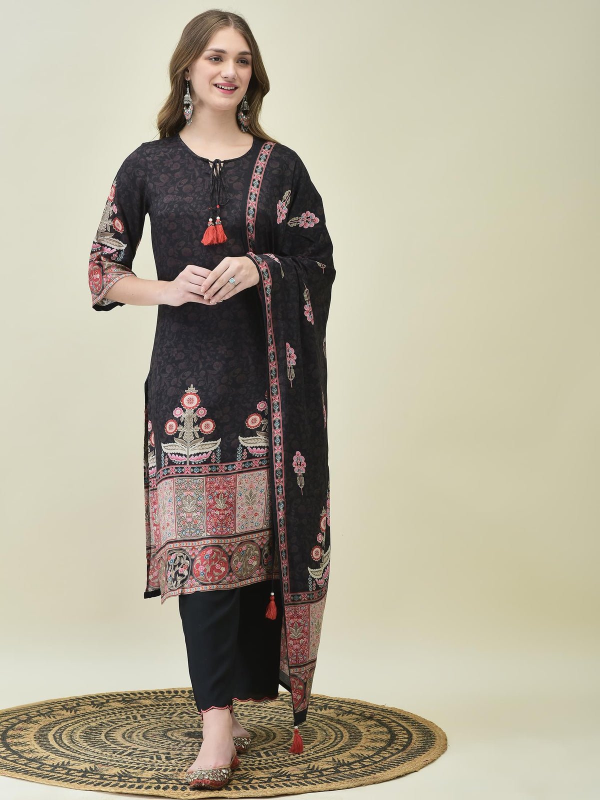 Women Muslin Black Ornamental Print Kurta Comfort Pant Dupatta