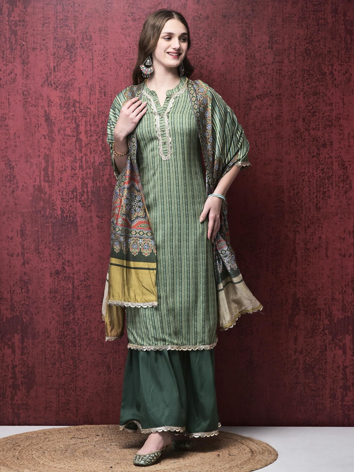 Women Liva (Rayon) Green Stripe Print Kurta Sharara Chanderi Dupatta