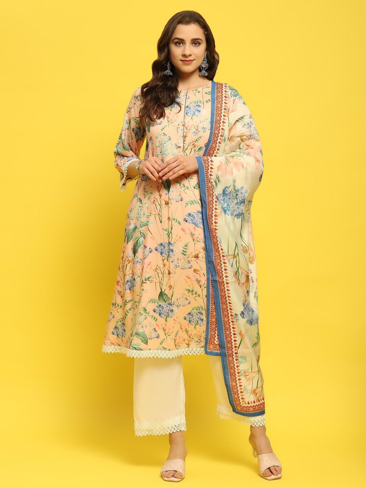 Women Peach Multi Liva Rayon Kurta Comfort Pant Dupatta