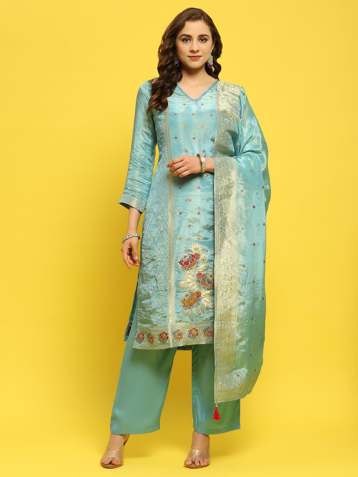 Women Silk Blue Woven Kurta Comfort Pant Dupatta