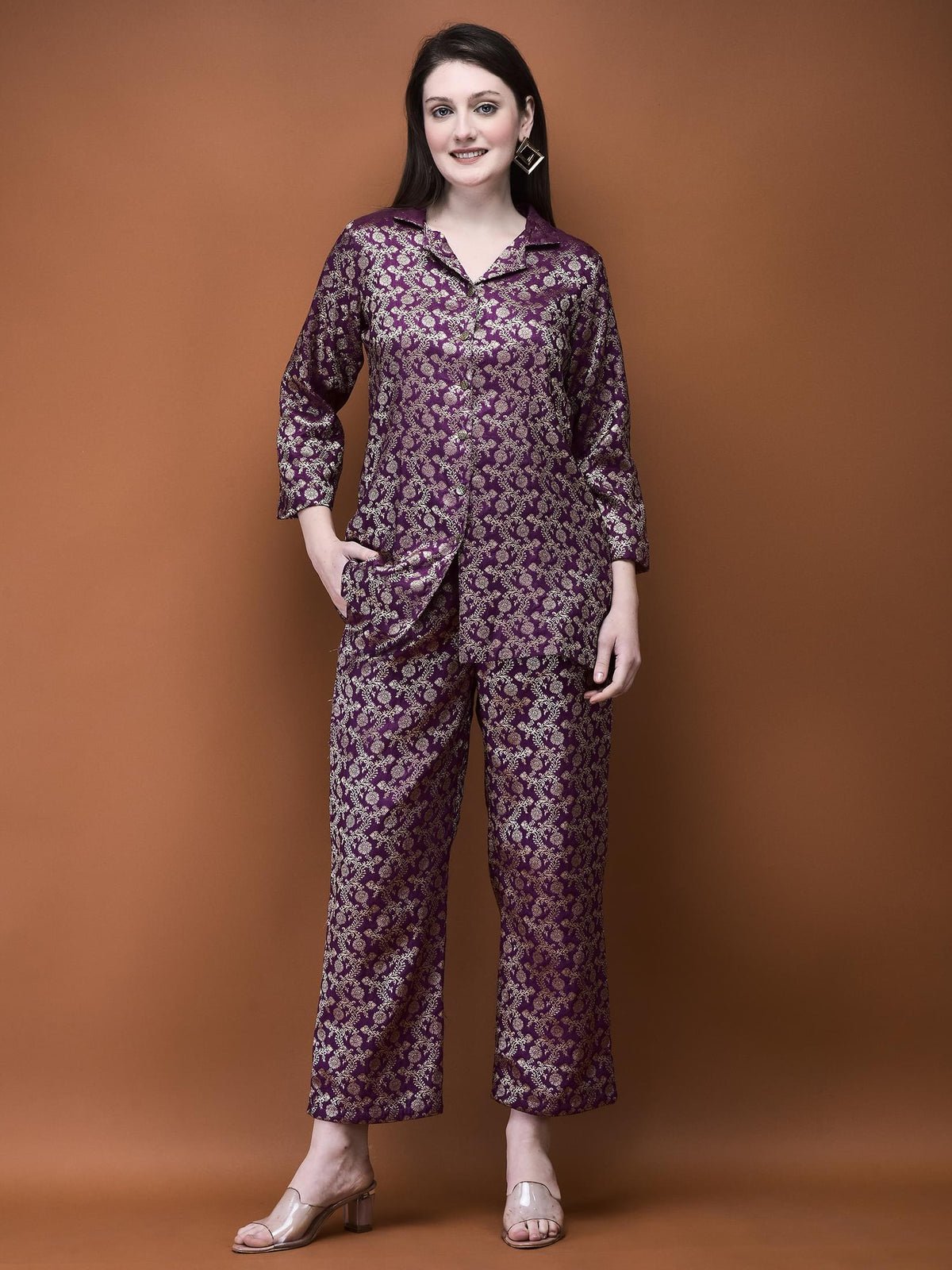 Women Jacquard Purple Woven Co-Ord Set