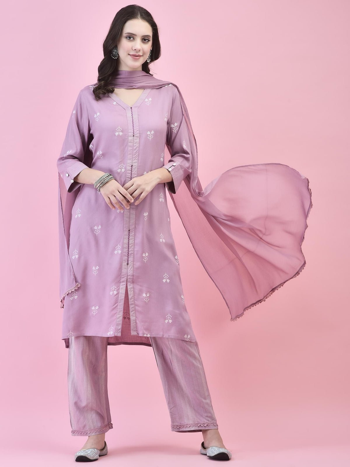 Women Liva (Rayon) Lilac Printed Kurta Comfort Pant Dupatta