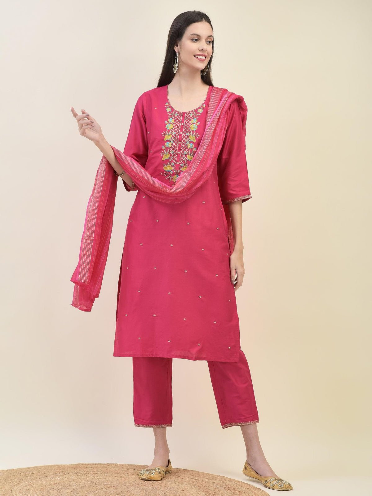 Women Silk Blend Fuchsia Kurta Trouser Dupatta