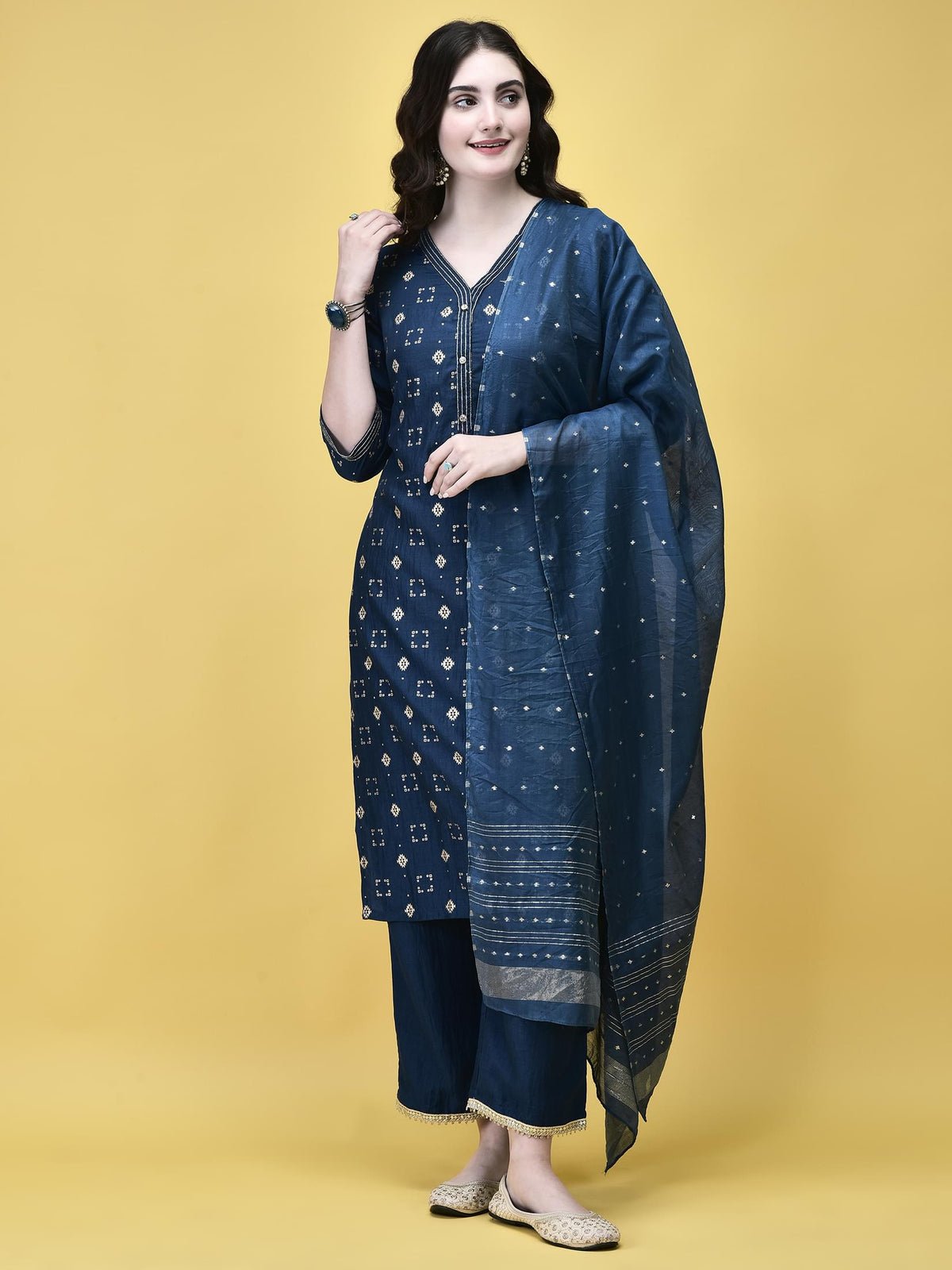Women Liva Peacock Blue Geometric Print Kurta Comfort Pant Chanderi Dupatta