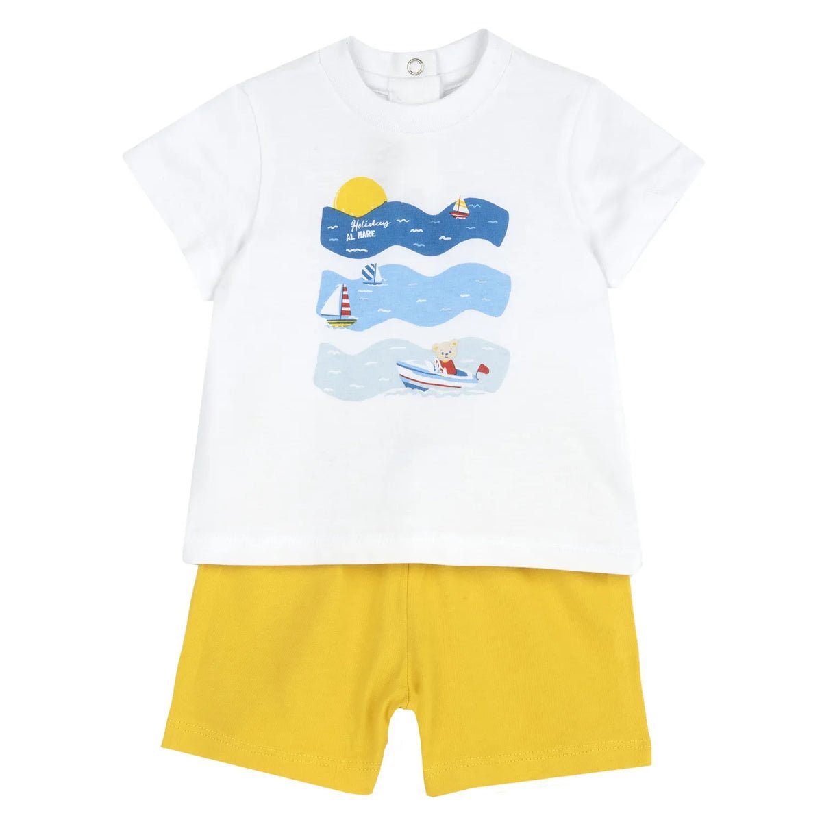 Boys White and Yellow Printed T-Shirt with Shorts