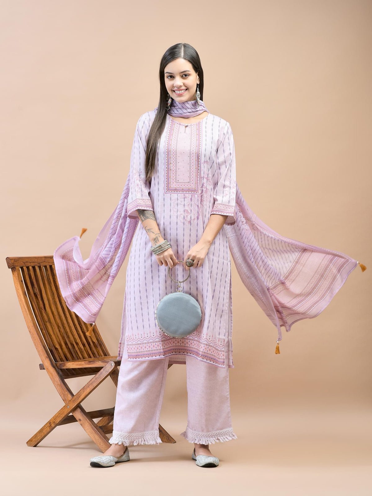 Women Viscose Lilac Geometric Print Kurta Comfort Pant Dupatta