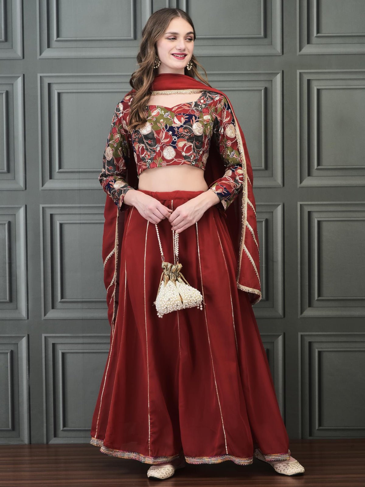 Women Straight Red Choli Skirt Dupatta