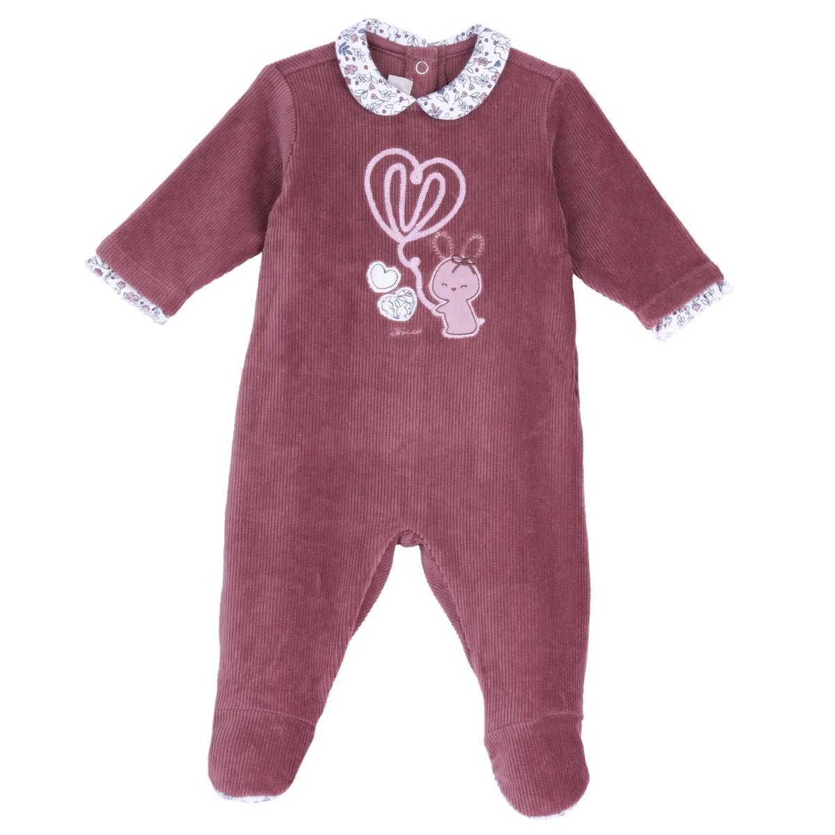 Girls Maroon Embroidered Velour Nappy Opening Babysuit