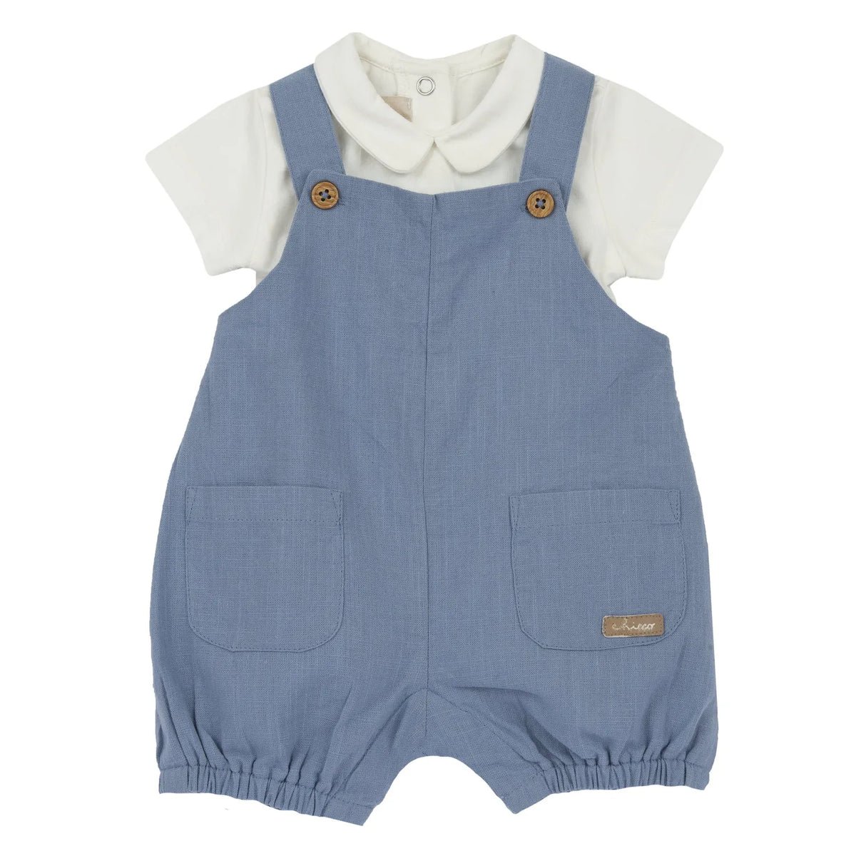 Boys White and Light Blue Solid Bodysuit with Dungaree