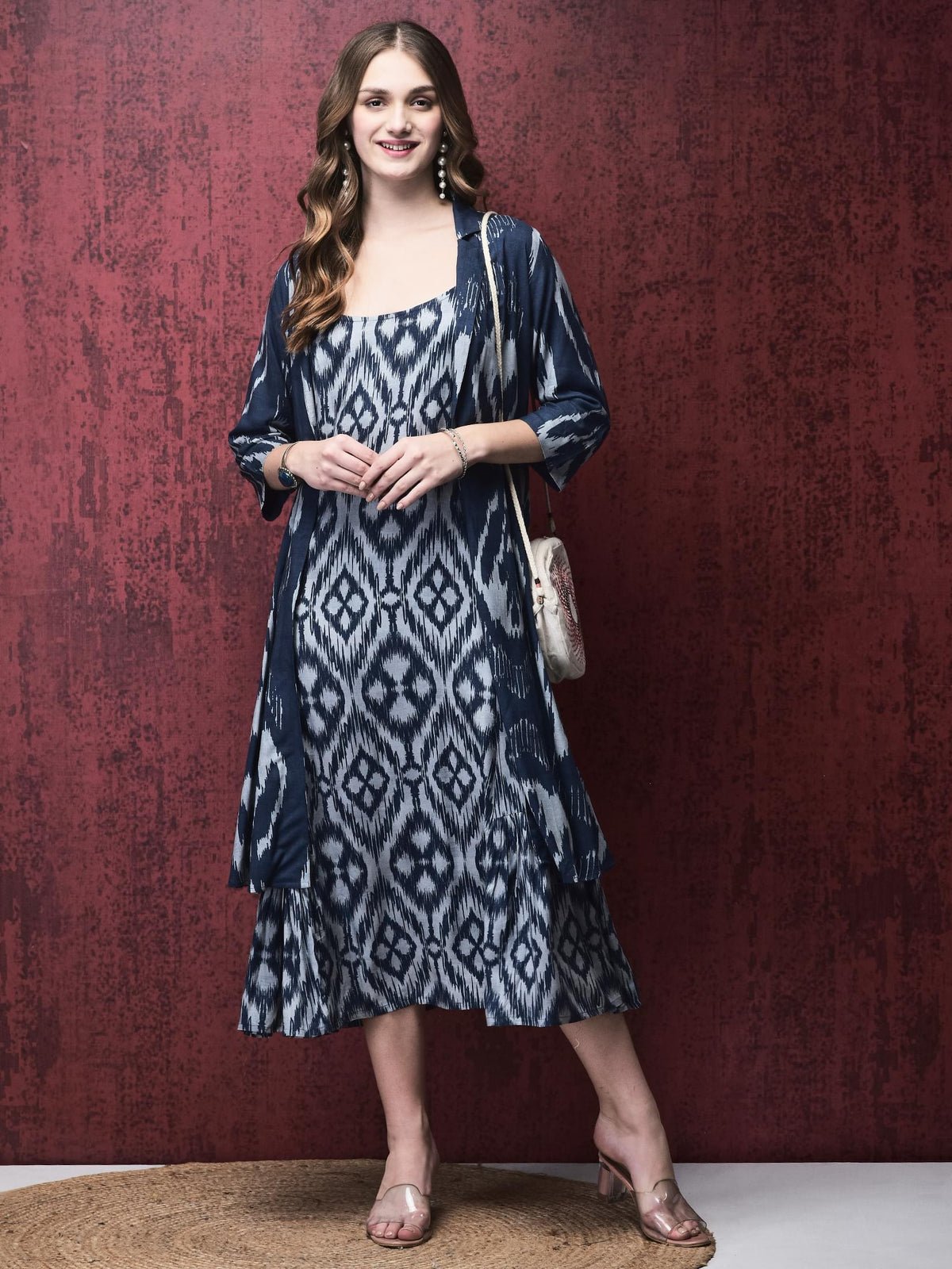Women Liva Navy Blue Ikat Print Dress With Long Shrug