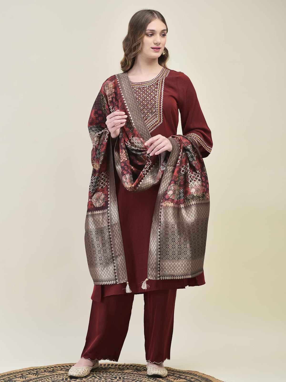 Women Comet Maroon Embroidered Kurta Comfort Pant Dola Jacquard Dupatta