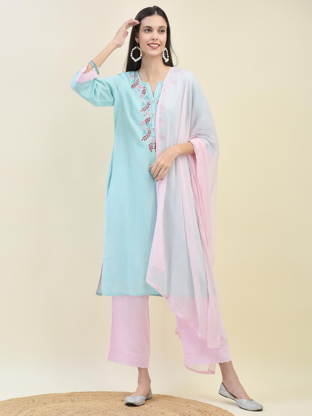 Women Sky Blue Liva Rayon Kurta Comfort Pant Dupatta