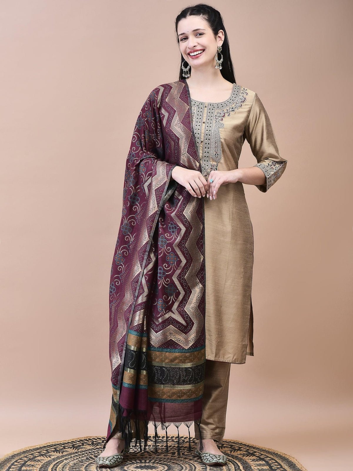 Women Silk Blend Beige Embroidered Kurta Trouser Jacquard Dupatta