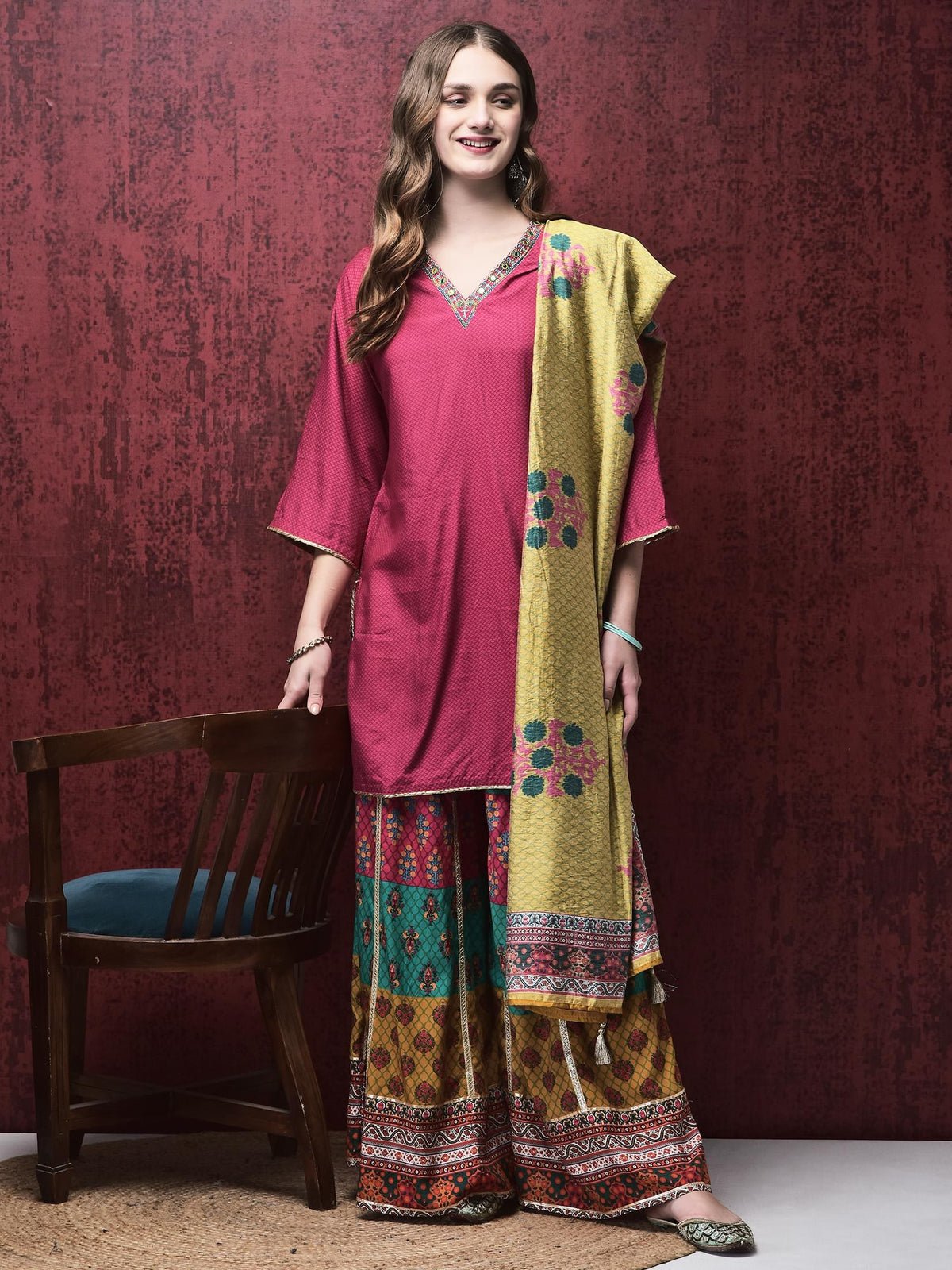 Women Liva (Rayon) Pink Embroidered Kurta Flared Split Pant Chanderi Dupatta