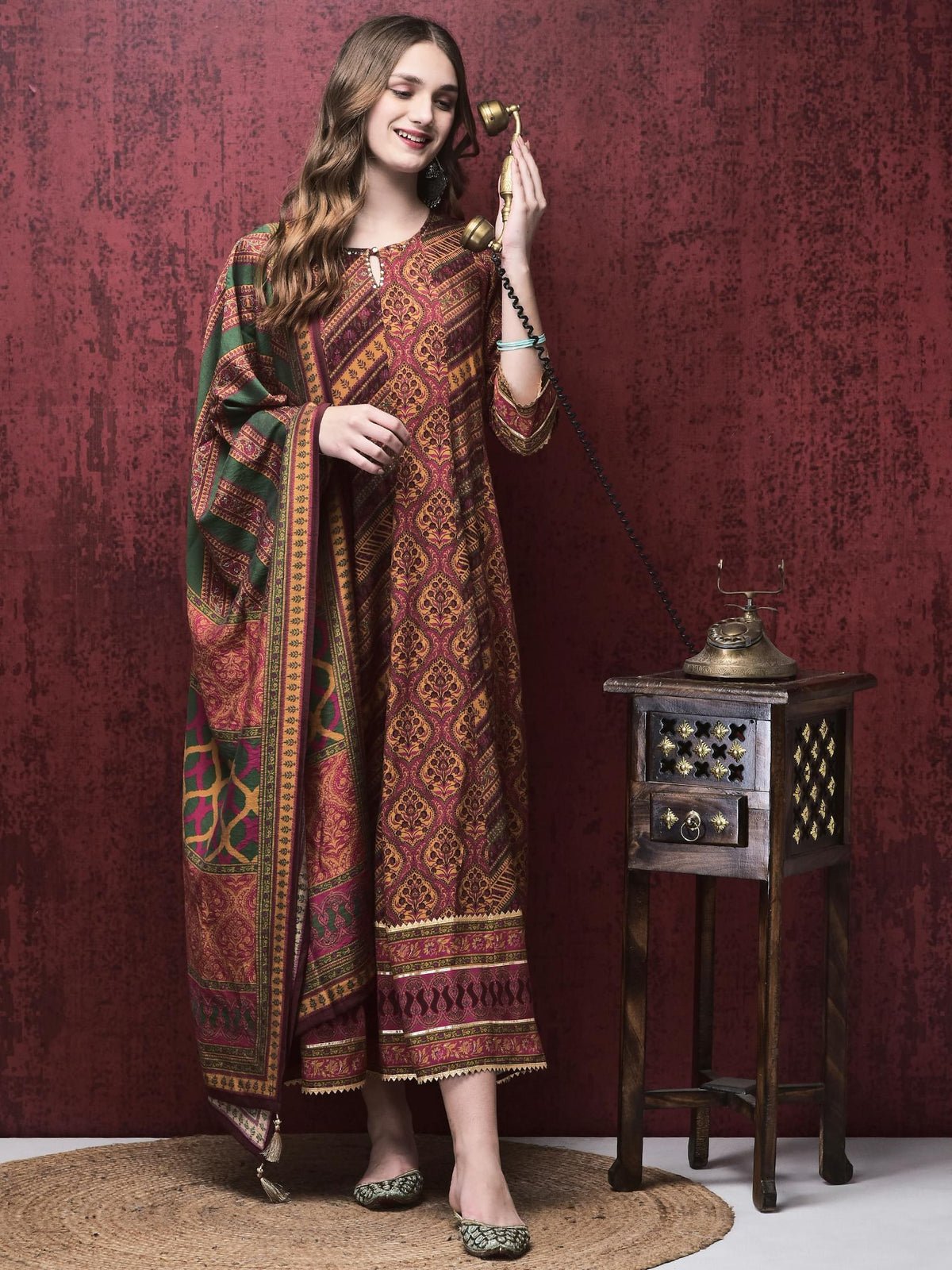 Women Liva (Rayon) Multicolor Mughal Print Dress With Chanderi Dupatta