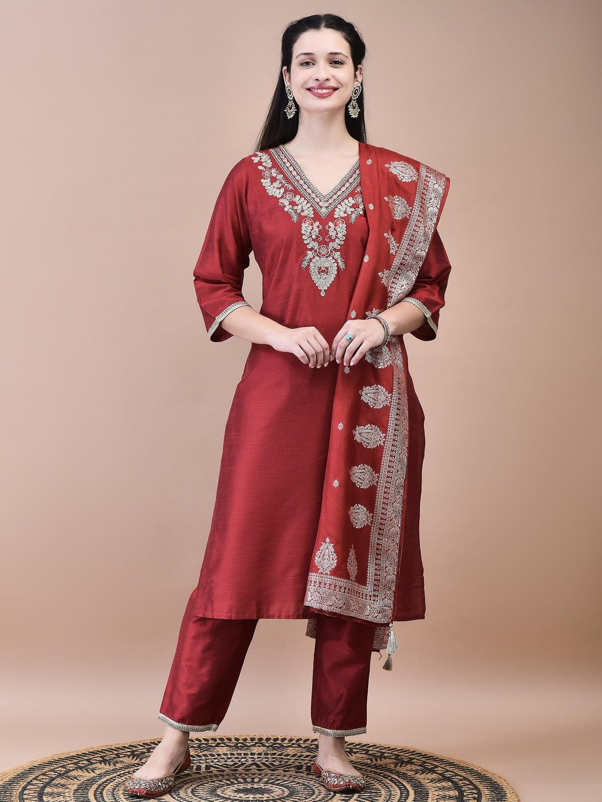 Women Silk Blend Maroon Embroidered Kurta Trouser with Dola Jacquard Dupatta