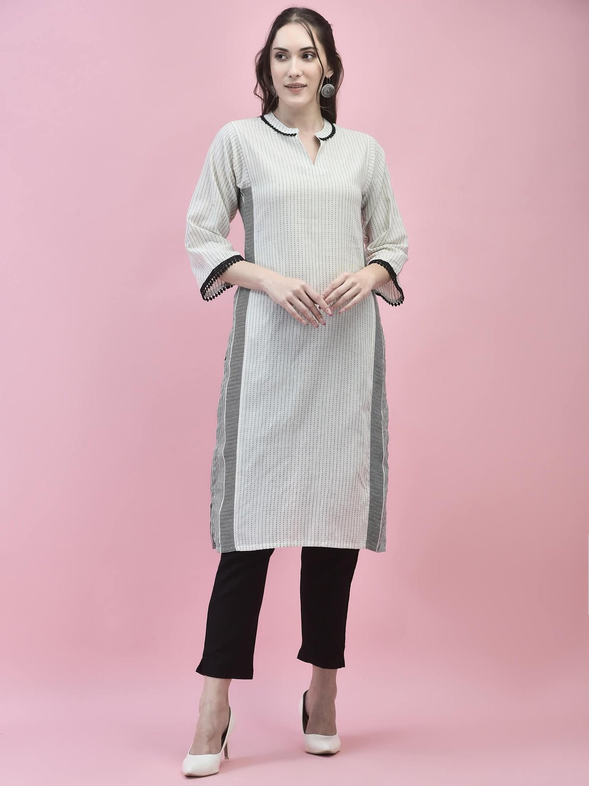 Women Cotton White Stripe Print Kurta