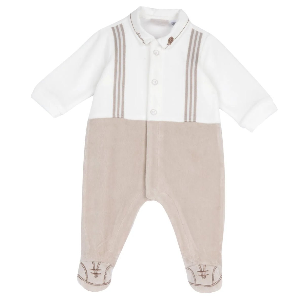 Boys Light Natural Embroidered Front Opening Babysuit