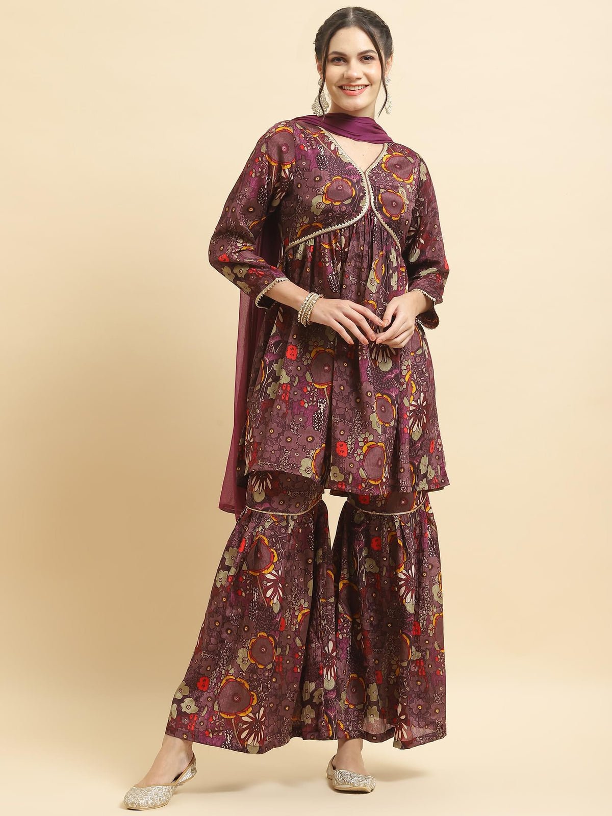 Women Chinon Purple Floral Print Kurta Sharara Dupatta
