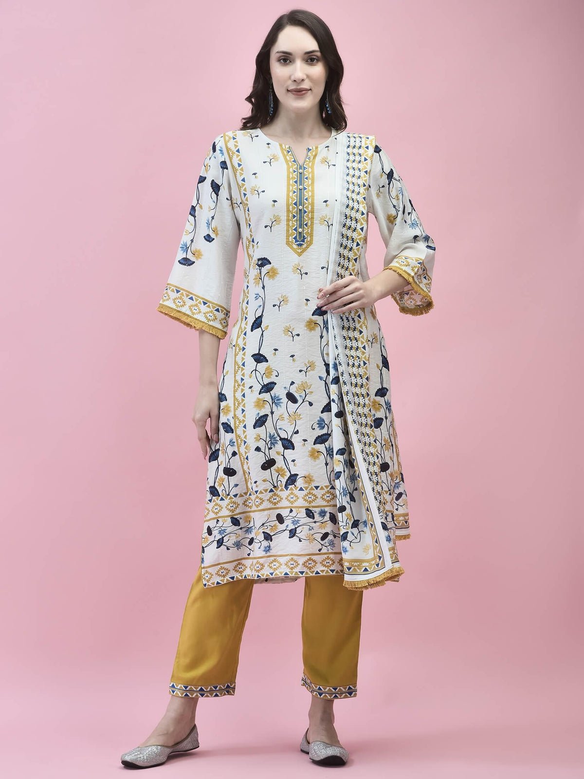 Women Muslin White Floral Print Kurta Trouser Dupatta