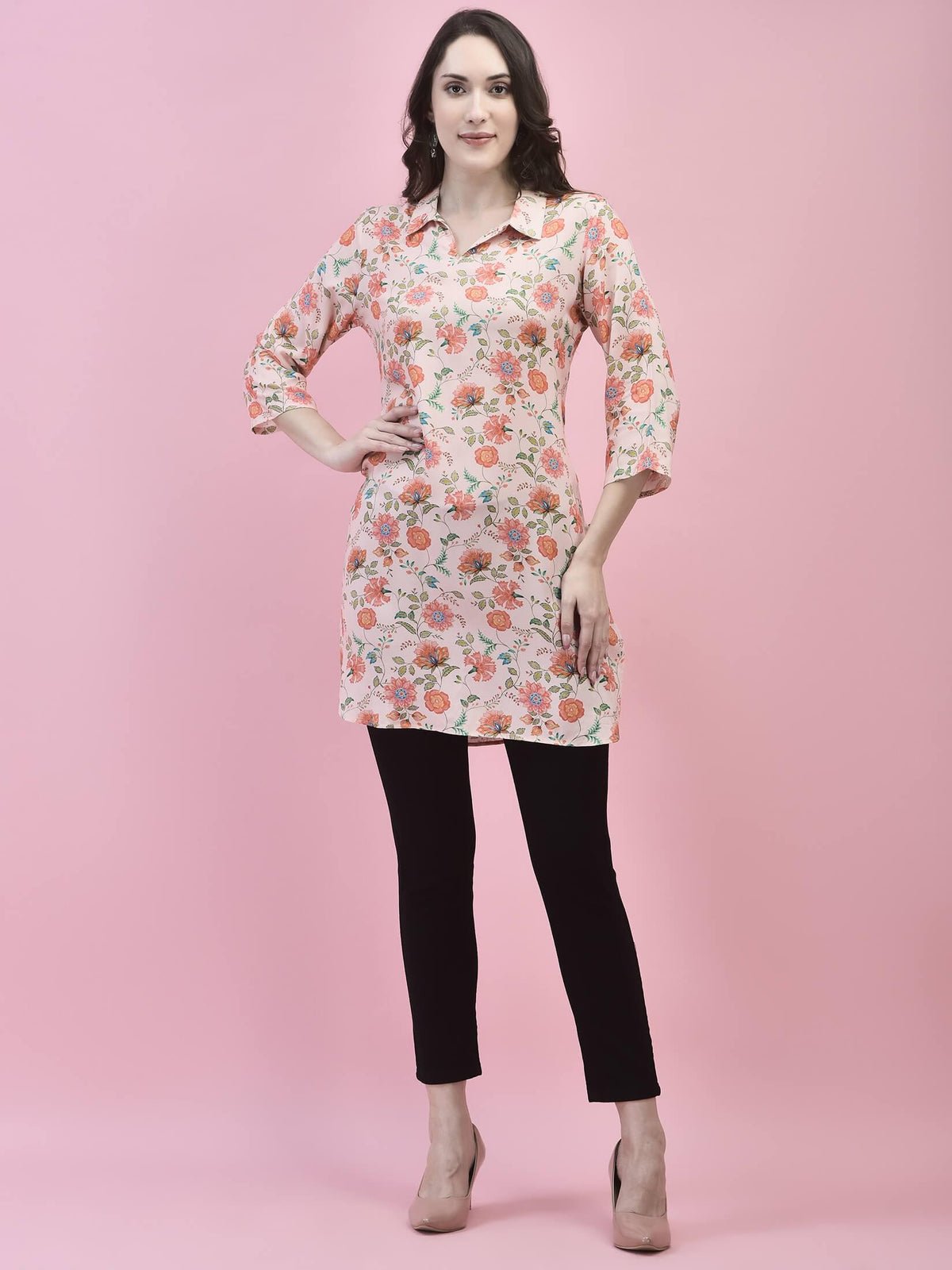 Women Liva Rayon Pink Floral Print Short Kurti