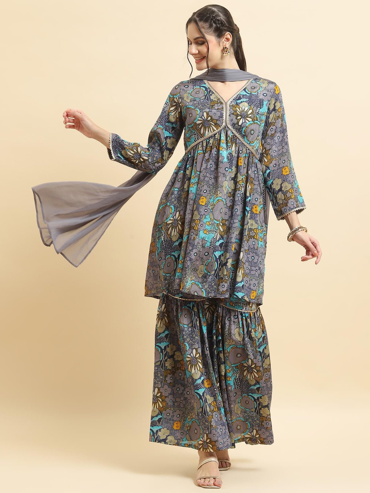 Women Chinon Blue Floral Print Kurta Sharara Dupatta