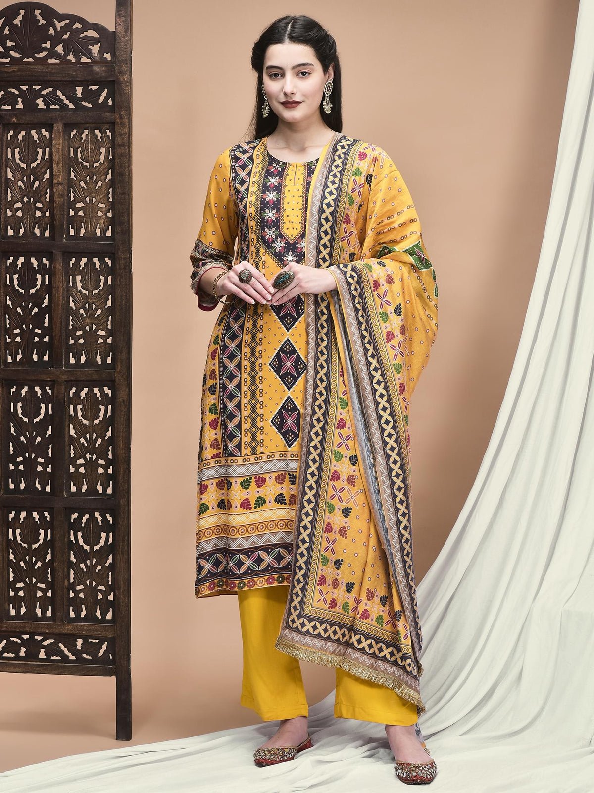 Women Liva Yellow Ornamental Print Kurta Comfort Pant Dupatta