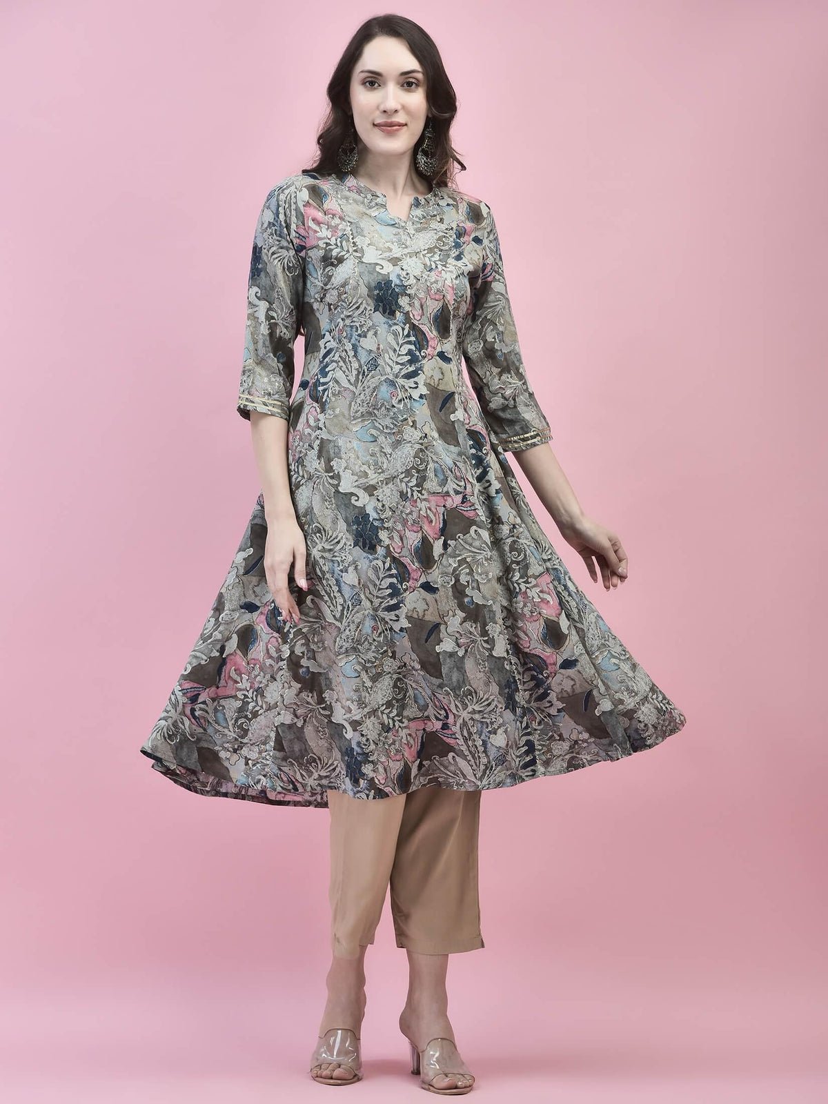 Women Liva Rayon Grey Abstract Print Kurta