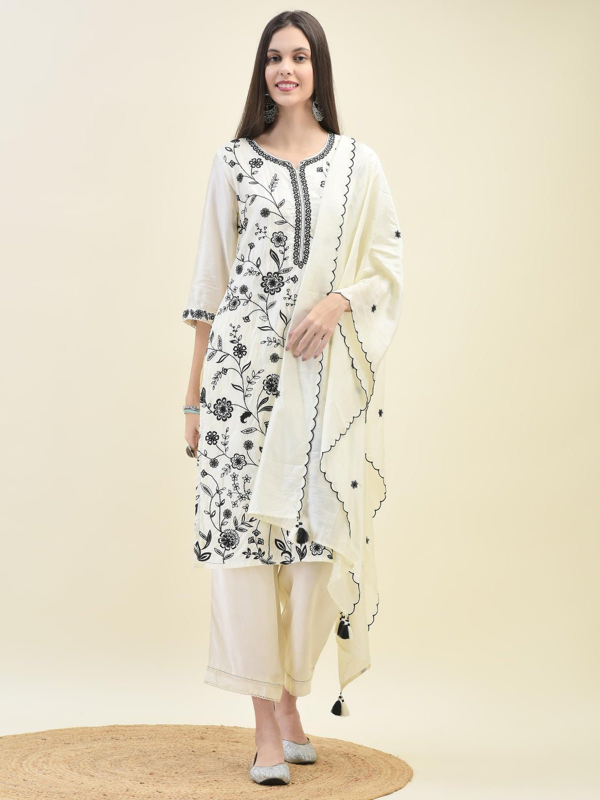 Women Poly Viscose Off White Embroidered Kurta Comfort Pant Dupatta