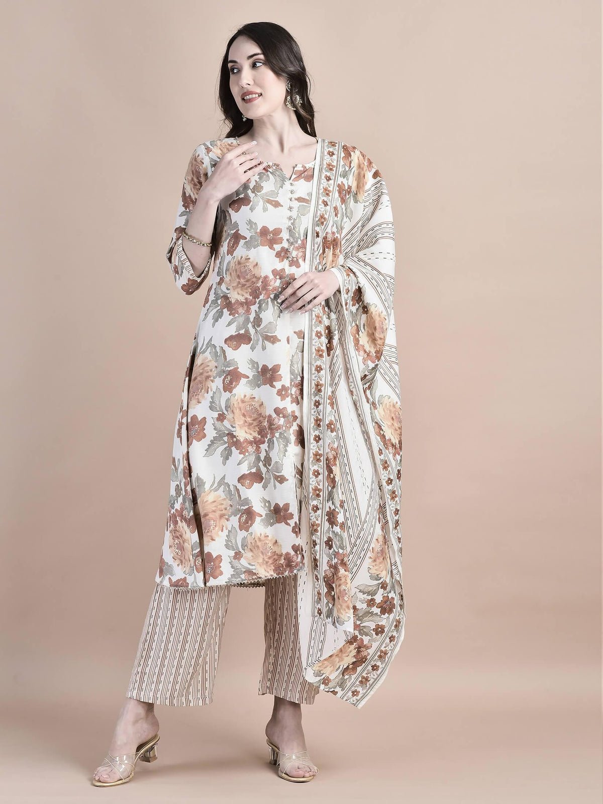 Women Poly Viscose Cream Floral Print Kurta Comfort Pant Dupatta