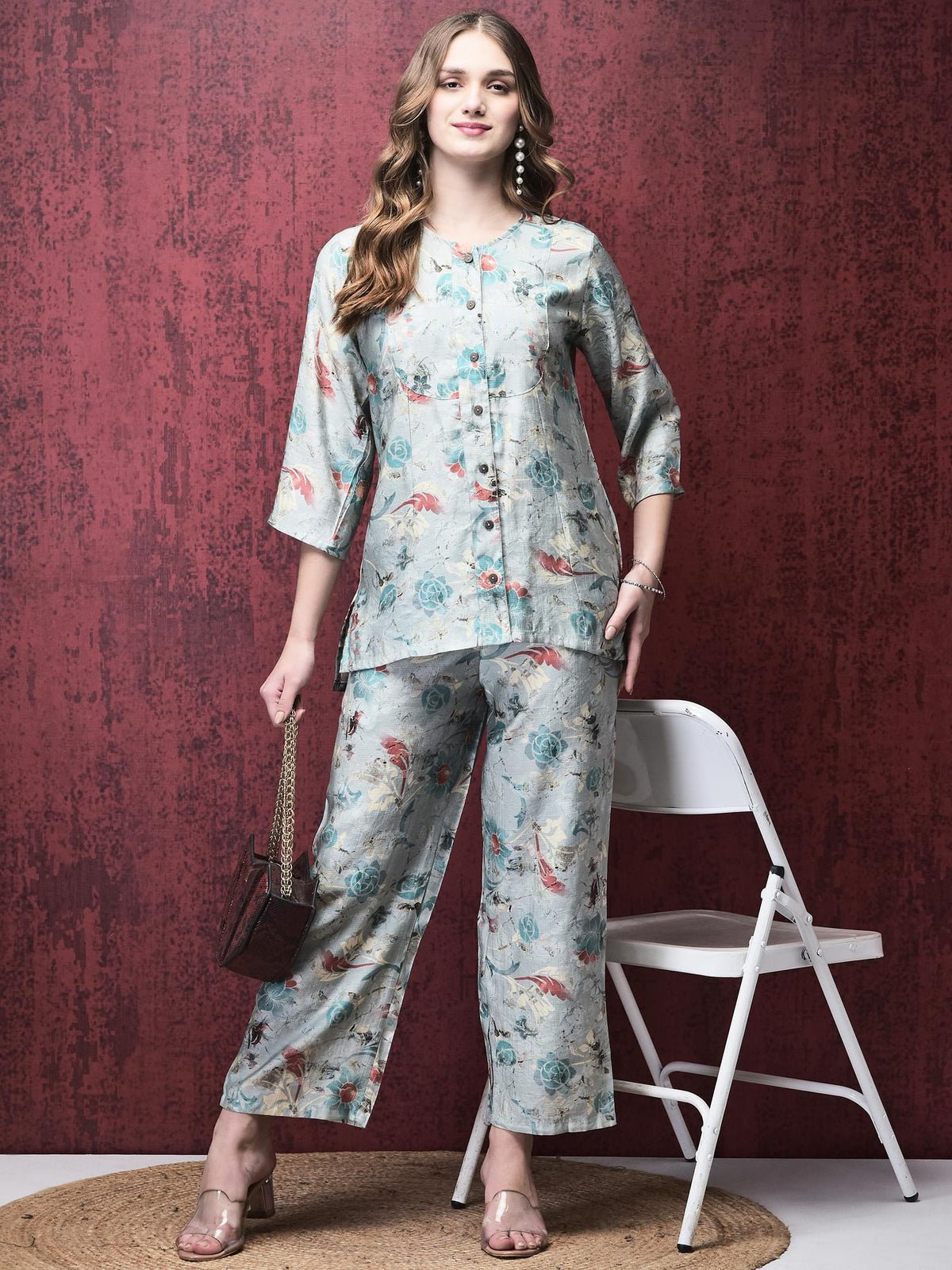 Women Khadi Silk Blue Floral Print Co-Ord Set