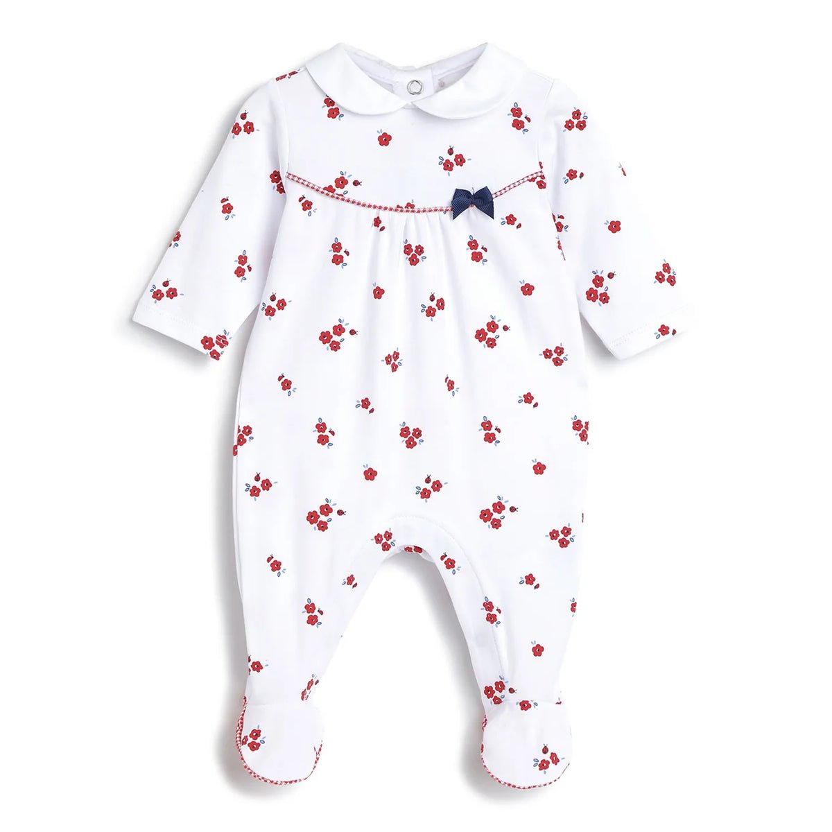 Girls White and Red Printed Leg Opening Babysuit