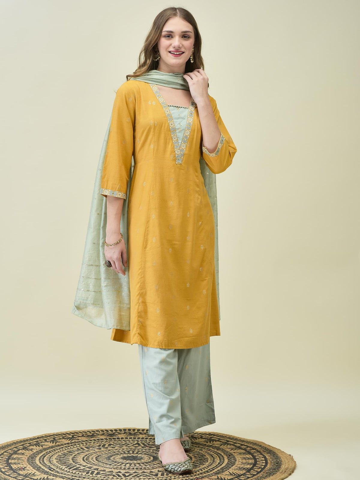 Women Liva Poly Viscose Mustard Solid Kurta Wide Leg Pant Dupatta