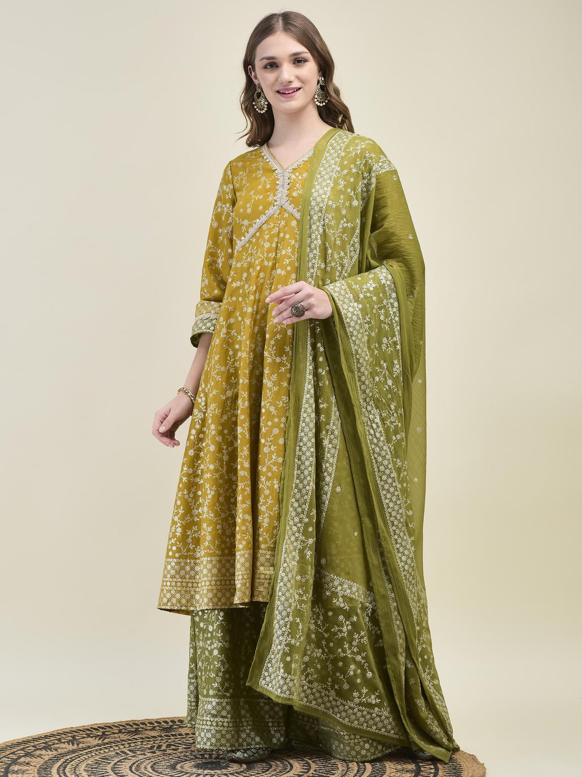 Women Liva Samaira Mustard Floral Print Kurta Split Pant Dupatta