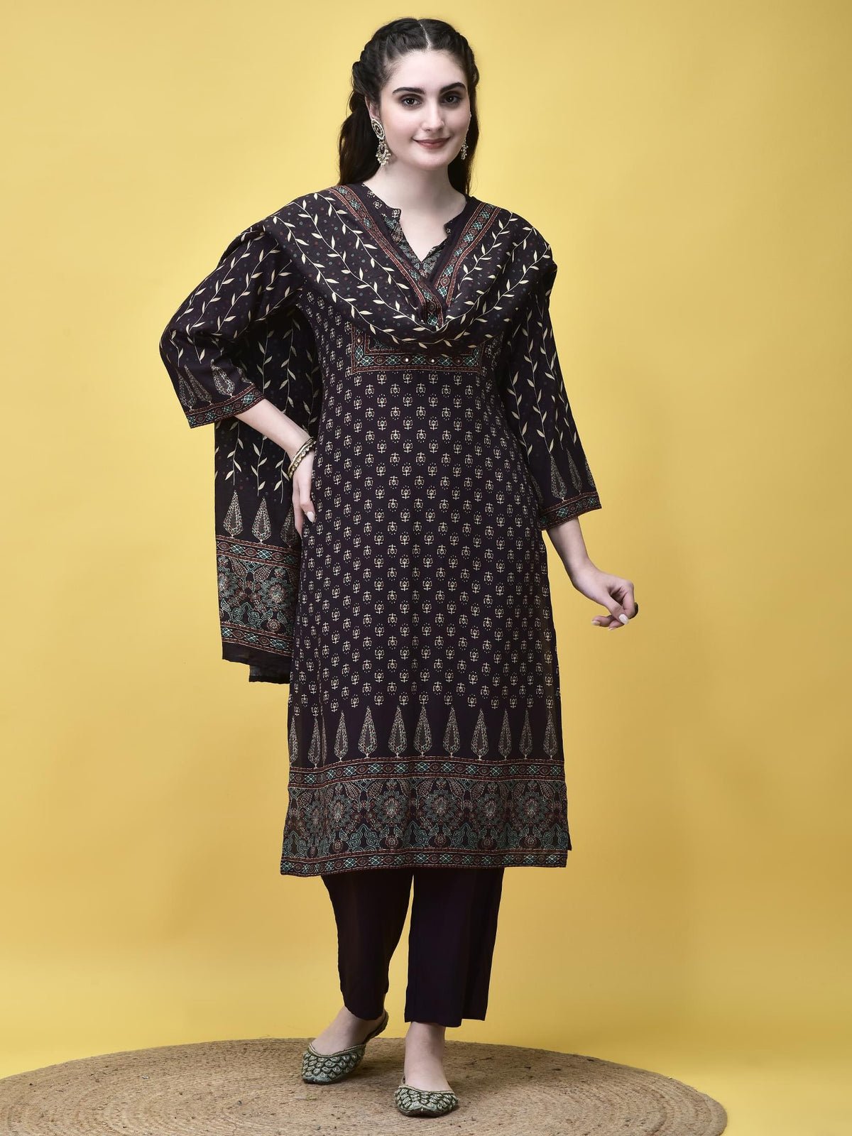 Women Liva Rayon Brown Floral Print Kurta Comfort Pant Dupatta