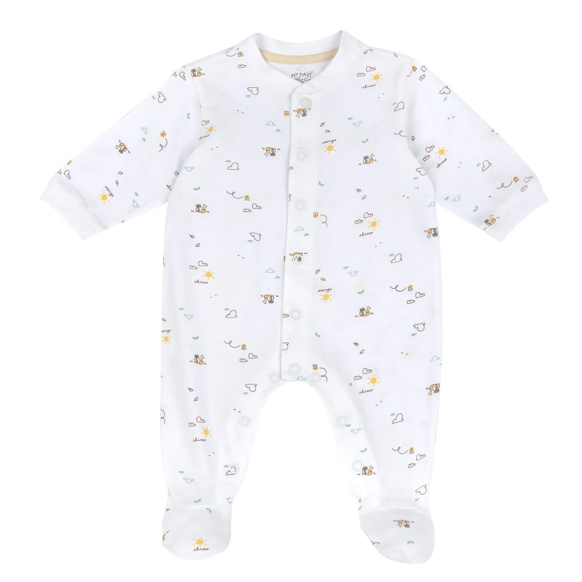 Infants White Printed Front Opening Babysuit